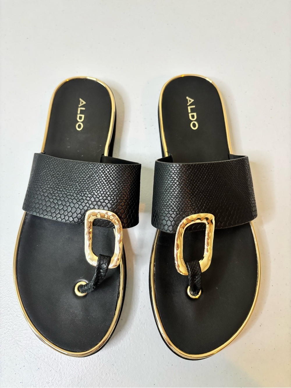 ALDO Black Slide Sandals with Gold Buckle Detail - Picture 1 of 5